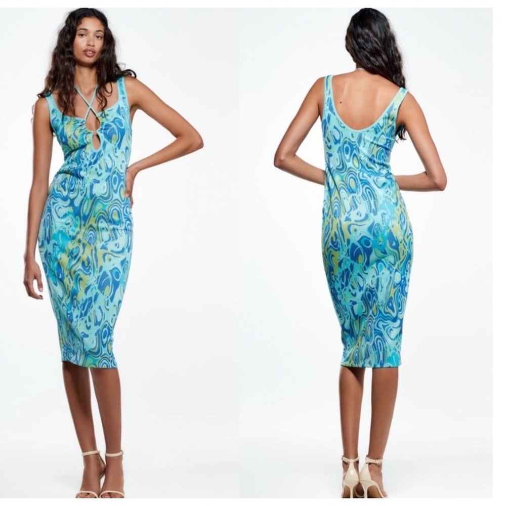 Zara Cut Out Jacquard Swirl Print Knit Bodycon Midi Dress‎ Groovy Festival Retro